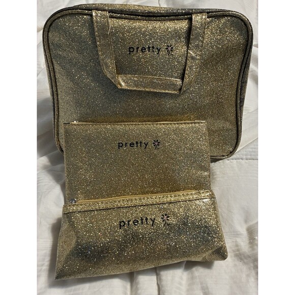 Pretty 3 Piece Make-up Bag Set Gold Glittery Pouch Cosmetic - Picture 1 of 16